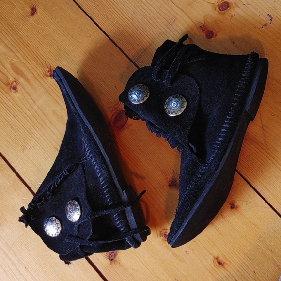 Black Suede Leather Moccasins Ankle Booties - Picture 3 of 8